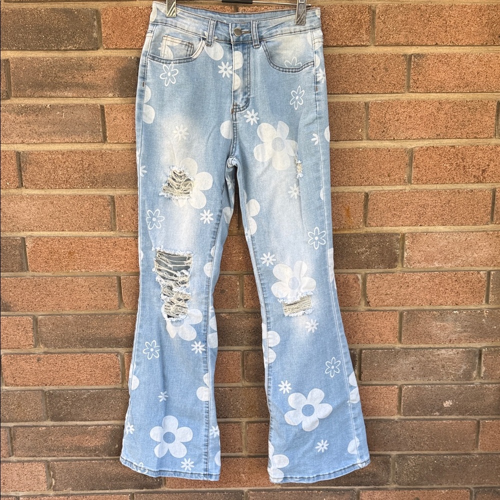 Floral Blue Women's Distressed Jeans Size XS